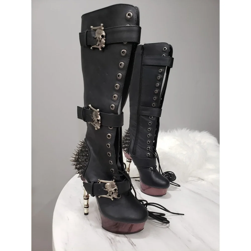 SIZE 7 DEMONIA Muerto Bone High Heel Spiked Skull Buckle Moto gothic Knee Boots